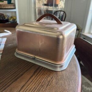 Vintage Copper Aluminum Square Cake Pan Carrier With Locking Base wood handle